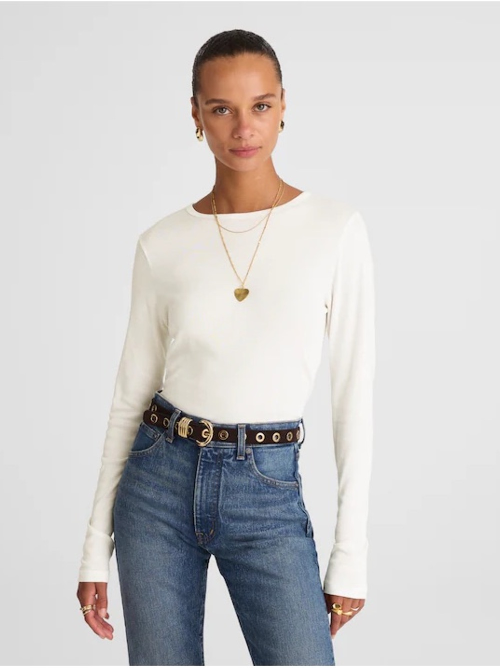 Madewell Long-Sleeve Crew Neck Top in Cream